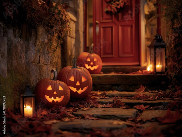 Fototapeta Jack O Lantern carved pumpkins on a red doorway of a house at dusk with lit candles and autumn colored leaves. Halloween.