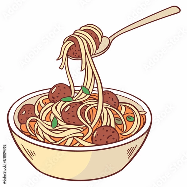 Fototapeta Delicious spaghetti and meatballs served in a bowl with a spoonful