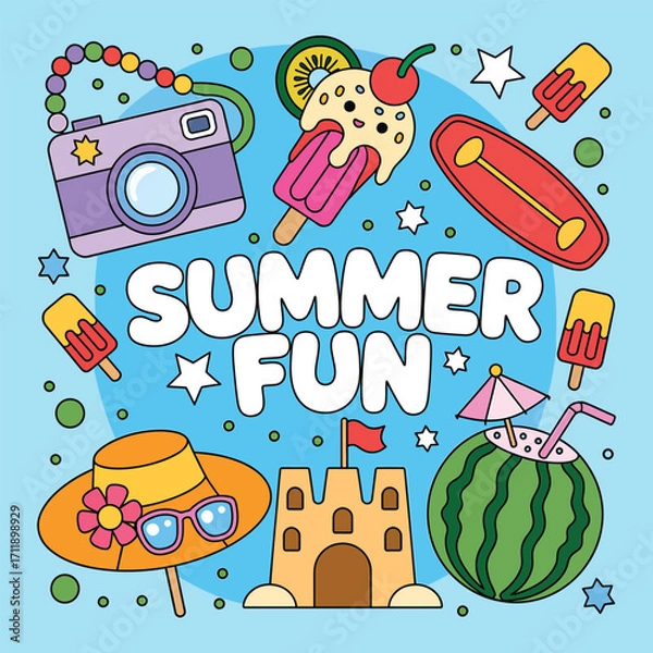Fototapeta Summer Fun Vector Illustration with Ice Cream, Sandcastle, and Beach Elements