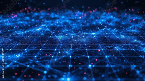 Fototapeta Interconnected blue network design with tiny red dots ideal for technology, communication, networking concepts, website backgrounds, and data visualization.