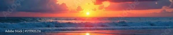Fototapeta Sun rising over a tranquil ocean, waves gently lapping the shore, peaceful dawn scene  The vibrant colors of the sunrise paint the sky and water ,  seascape,  gleam,  quiet