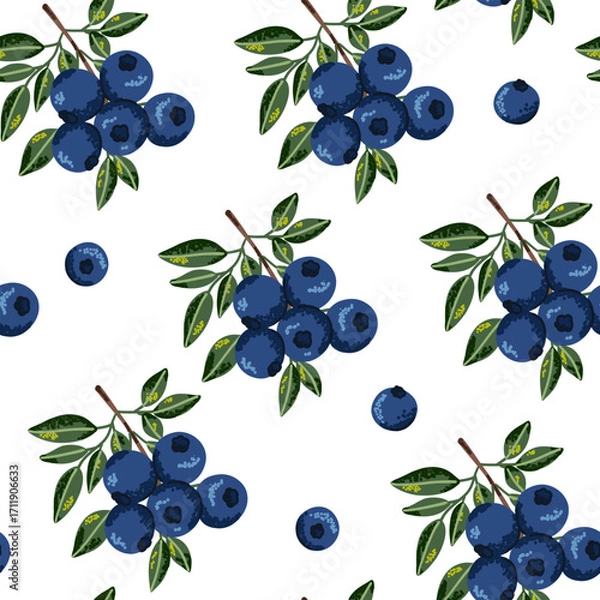 Fototapeta Seamless pattern of blueberry plant in flat style with noise texture