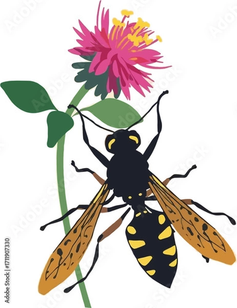 Fototapeta Wasp perched on a pink flower with green leaves, ideal for naturethemed designs, educational materials, or summerthemed projects.