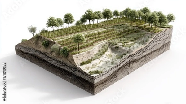 Fototapeta Cutaway 3D visualisation of a Mediterranean hillside vineyard with terraced layers, irrigation channels, and root stabilization.