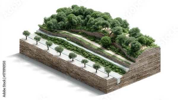 Fototapeta Cutaway 3D visualisation of a Mediterranean hillside vineyard with terraced layers, irrigation channels, and root stabilization.