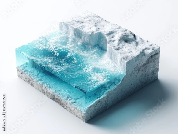 Fototapeta Cutaway 3D visualisation of a melting iceberg showing internal fractures, sediment layers, and water current channels.