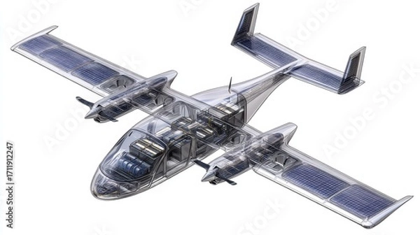 Fototapeta Cutaway 3D visualization of an eVTOL aircraft with renewable integration, semi-transparent fuselage, and solar wing panels.