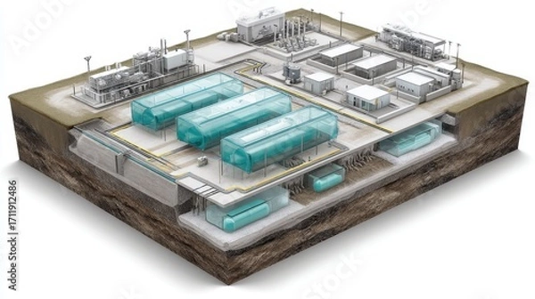 Fototapeta Cutaway 3D visualization of an industrial CO₂ capture facility with filtration units, underground storage, and monitoring systems.