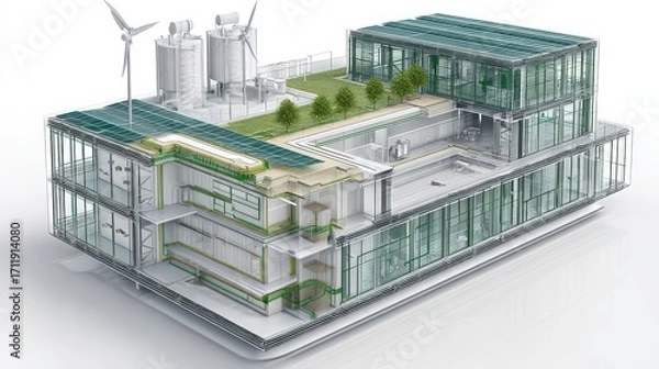 Fototapeta Green office building – Cutaway 3D sustainable office with solar panels, rooftop wind turbines, passive cooling, and efficient HVAC layers.