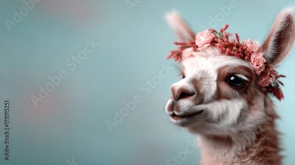 Fototapeta A charming llama poses with a floral crown, radiating cuteness and whimsy, highlighting the connection between animals and artful presentation in a playful manner.