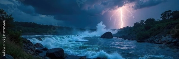 Fototapeta A powerful thunderstorm rages over a churning river, lightning illuminating the turbulent water and dark sky The scene is dramatic and full of raw energy , flowing, dynamic, environment