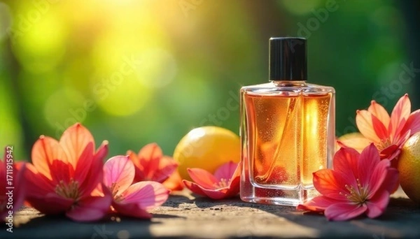Fototapeta Summer Cologne Escape the Everyday with a Refreshing Spritz Amidst Vibrant Tropical Foliage.  Experience the essence of warm days and balmy nights with this relaxing, invigorating fragrance.
