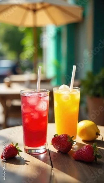 Fototapeta A refreshing summer cafe scene, featuring iced drinks, vibrant fruits, and sun-drenched outdoor seating Perfect for summer vibes, travel blogs, and cafe menus , delicious, healthy
