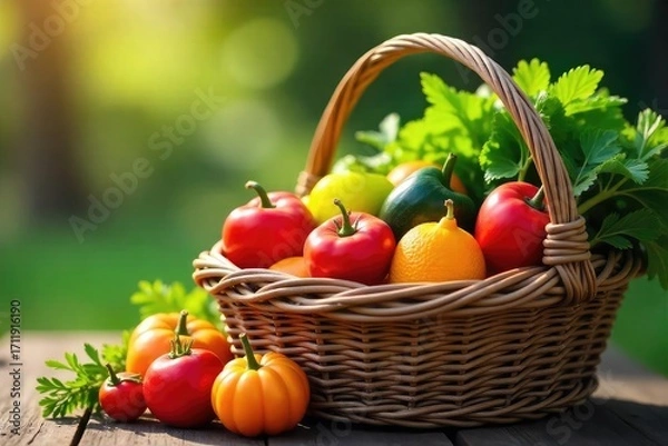 Fototapeta A rustic woven basket overflowing with fresh, ripe produce, ready for market or a delightful picnic Sun-drenched, vibrant colors highlight the abundance of nature's bounty , natural, produce