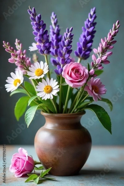 Fototapeta A serene arrangement of lavender, chamomile, and rosebuds, artfully placed in a rustic vase, exudes tranquility and calm; perfect for spa, wellness, or aromatherapy imagery , background, sleep, fresh