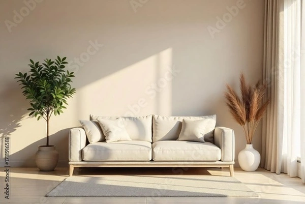 Fototapeta A serene minimalist living room features a simple sofa, a single plant, and a muted color palette, emphasizing clean lines and uncluttered space for a calming atmosphere , beige, serene