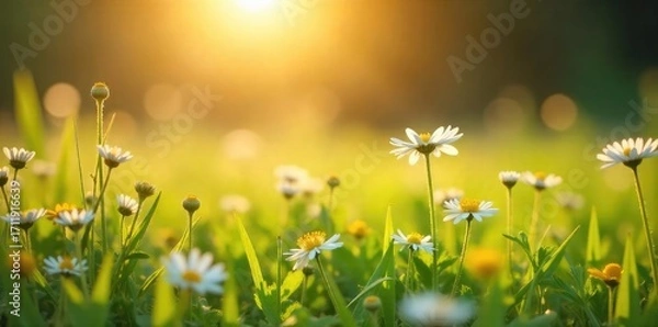 Fototapeta A serene scene of a sunlit meadow with wildflowers, conveying a sense of calm and gentle, nurturing energy Perfect for themes of wellbeing, healing, and natural vitality , vibrant colors, flora