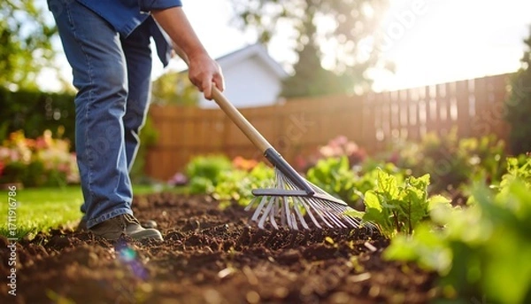 Obraz Person raking garden soil