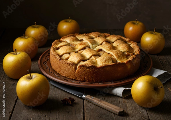 Fototapeta Homemade apple pie on rustic plate surrounded by fresh apples