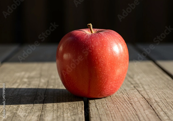 Fototapeta Fresh red apple on rustic wooden table with natural sunlight and detailed texture