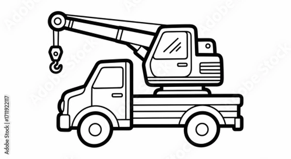 Fototapeta A black and white illustration of a construction truck with a crane.