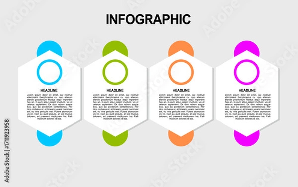 Fototapeta Infographic business promotion showcases four colorful hexagonal text blocks for data presentation.