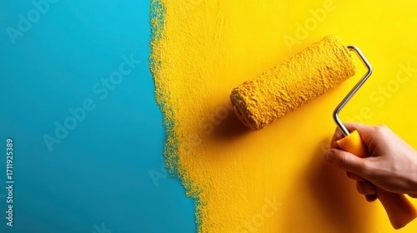 Fototapeta A hand holding a paint roller applies bright yellow paint next to azure blue, creating a vibrant and visually exciting contrast that exemplifies creativity and transformation.