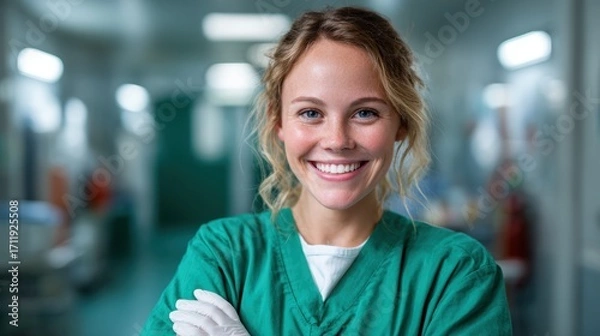 Fototapeta This image features a smiling young nurse in green scrubs, exuding warmth and care, captured in a hospital environment, emphasizing dedication and compassion towards patients.