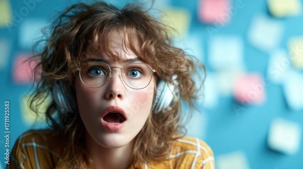 Fototapeta A woman with curly hair and headphones exhibits astonishment, capturing an emotional moment that resonates with curiosity and surprise in a modern setting.
