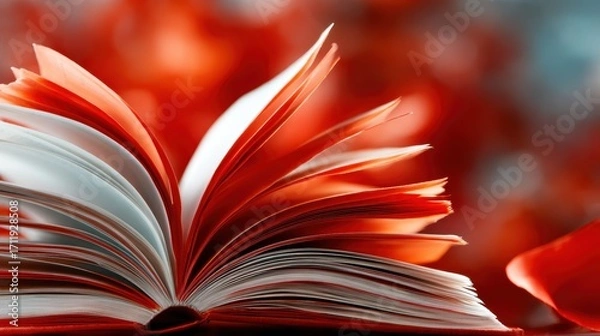 Fototapeta An artistically arranged open book with orange pages stands out against a slightly blurred background, showcasing the beauty of literature and design in vibrant colors.