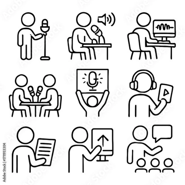 Fototapeta Doing a Podcast and Live Streaming Line Icons