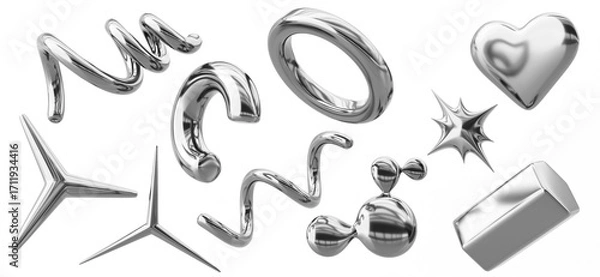 Fototapeta Chrome y2k abstract shapes 3d render icon set. Silver sparkle inflatable heart, star, spiral line, ring, hexagon. Liquid metal metaball of steel or mercury. Retro futuristic objects