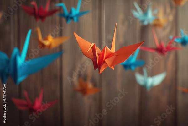 Fototapeta Colorful origami birds suspended against a wooden background create a vibrant decorative display