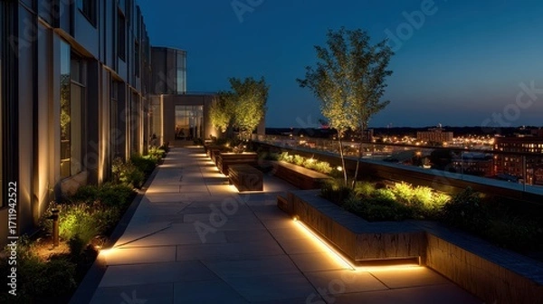 Fototapeta A long walkway with lights on it