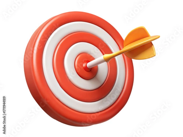 Fototapeta Red and white dartboard with arrow hitting the bullseye for precision and success