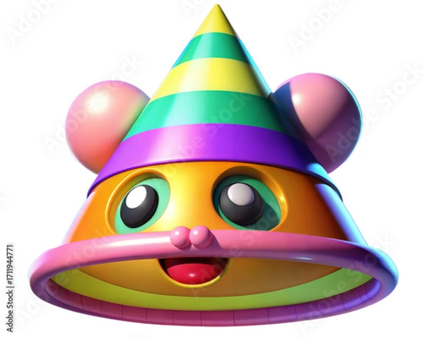 Fototapeta Festive cartoon party hat character with cheerful face and colorful stripes