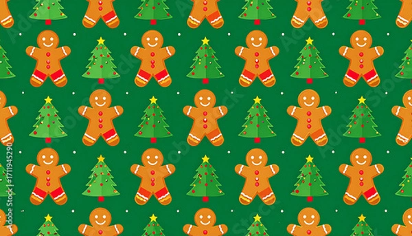 Fototapeta Gingerbread cookie and Christmas tree pattern, festive cheerful