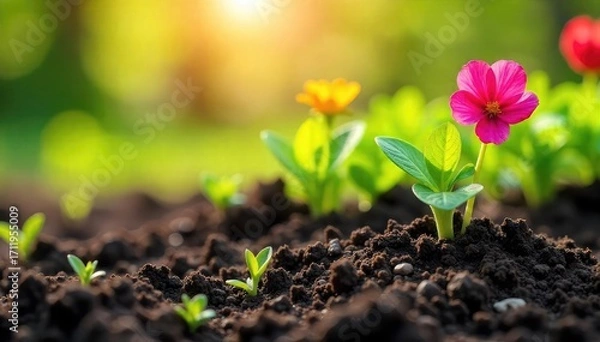 Fototapeta A vibrant scene of springtime planting; colorful flowers and lush green seedlings bursting from freshly turned soil under a bright sun , flora, cultivation