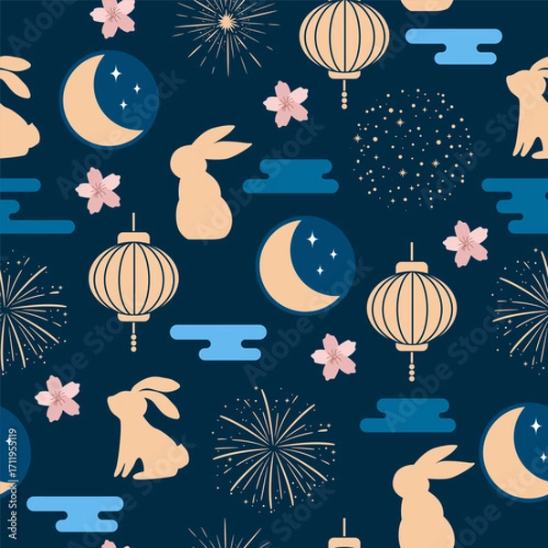 Fototapeta Decorative Mid-Autumn Festival pattern, seamless background with lanterns, full moon, lotus flowers, fireworks, rabbits, minimal vector design