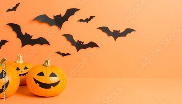 Fototapeta Cheerful Halloween Scene: Smiling Pumpkins and Bats on Orange Backdrop