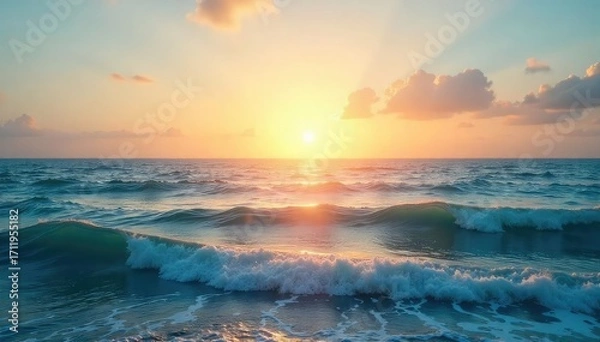 Fototapeta Vast, tranquil ocean stretching to the hazy horizon Sun-kissed waves gently roll, creating a serene and peaceful seascape Perfect for travel, nature, or relaxation themes , horizon, ocean view, sun