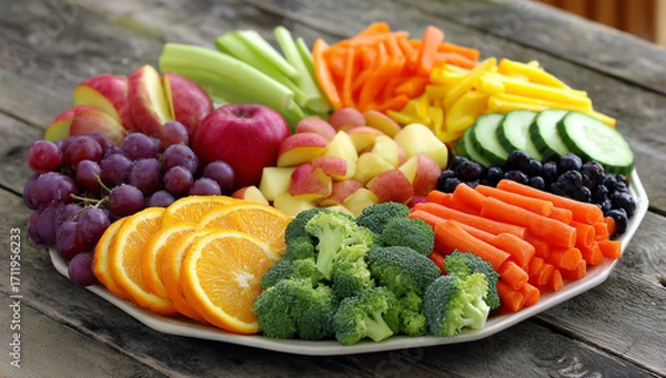 Fototapeta Colorful platter of fresh fruits and vegetables arranged artfully