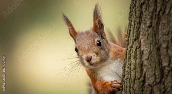 Fototapeta Curious Red Squirrel Peeking from Behind a Tree Trunk in Autumn