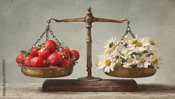 Fototapeta Strawberries and daisies on a scale, representing balance and choice