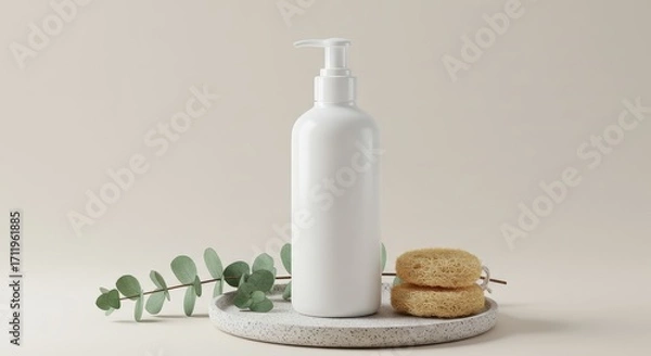 Fototapeta White Soap Dispenser with Loofah and Eucalyptus on Tray