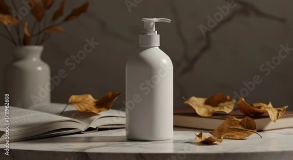 Fototapeta Minimalist Still Life: Soap Dispenser, Leaves, and Books.