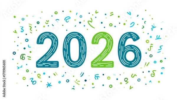 Fototapeta 2026 text with colorful confetti and abstract shapes isolated on white background