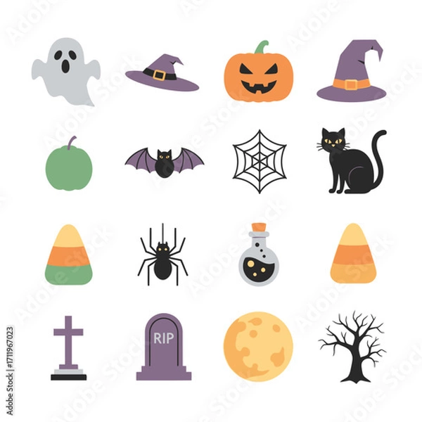 Obraz Halloween Icons Collection - Ghost, Pumpkin, Witch Hat, Black Cat, and More.