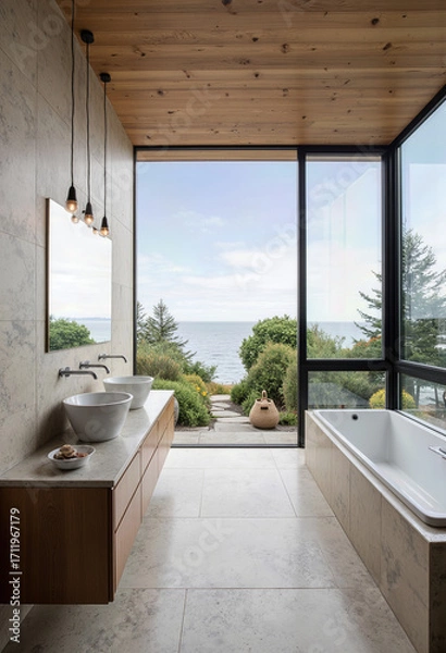Fototapeta A stunning contemporary bathroom with floor-to-ceiling windows offering a panoramic ocean view, featuring a modern tub and dual vessel sinks for a luxury spa feel.
