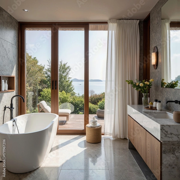 Fototapeta A luxurious spa-like bathroom with a freestanding tub and marble vanity, featuring sliding glass doors that open to a private deck with a serene ocean view.
